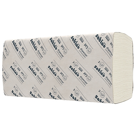 Un paquet rectangulaire d'essuie-mains en papier imprimé avec la marque "Satino". Les extrémités sont pliées pour faciliter l'utilisation.
