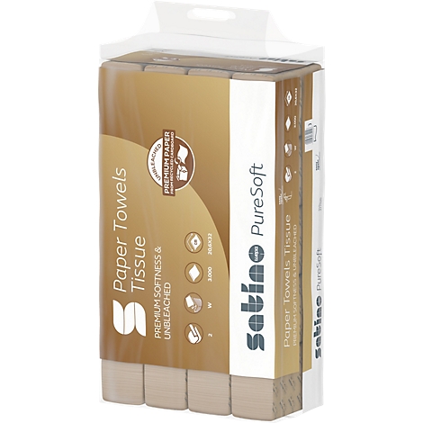 Paquet de serviettes en papier, marque Satino PureSoft. Face avant beige avec lettrage, enveloppé dans du plastique transparent.