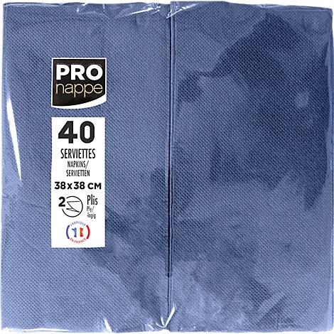 Serviettes bleues emballées. L'emballage indique "PRO nappe", "40 Serviettes", "38x38 cm".