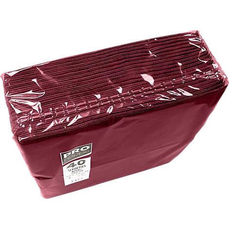 Serviettes bordeaux emballées dans du plastique, étiquette avec "PRO 40 Serviettes".