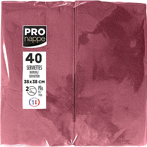 Serviettes en papier bordeaux emballées dans du plastique. Imprimé: 40 serviettes, 38x38 cm, 2 plis.