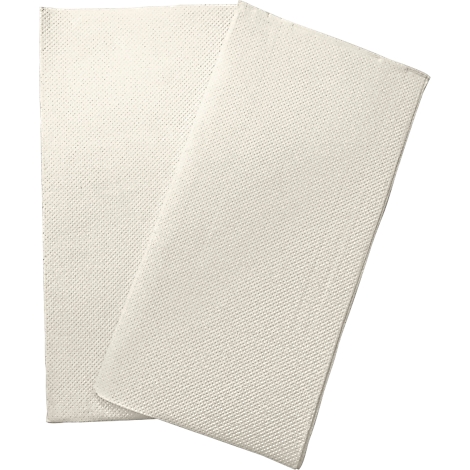 Deux serviettes pliées, de couleur crème, avec une texture diagonale, sont côte à côte.