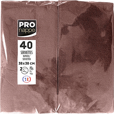 Paquet de serviettes marron. Inscription : 'PRO nappe' et '40 serviettes'. Taille 38x38 cm.