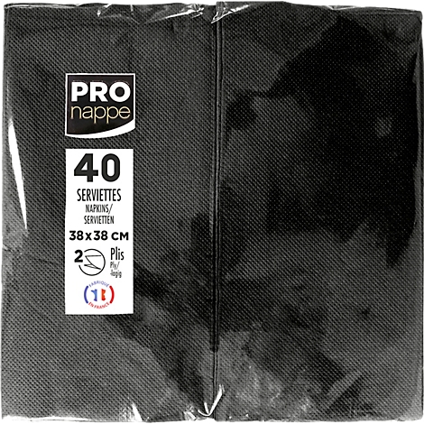 Paquet de serviettes noir avec texte : "PRO nappe", "40 Serviettes", "38x38 cm".