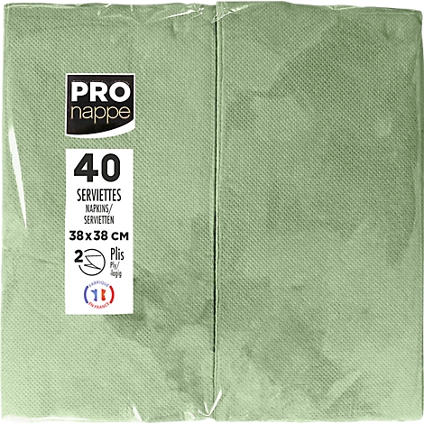 Serviettes vert clair emballées. Imprimé : "PRO nappe", "40 serviettes 38x38 cm".