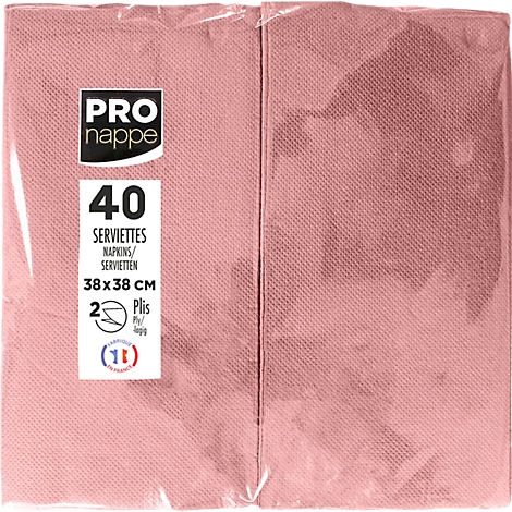 Emballage de serviettes roses. Texte: PRO nappe, 40 serviettes, 38x38 cm.