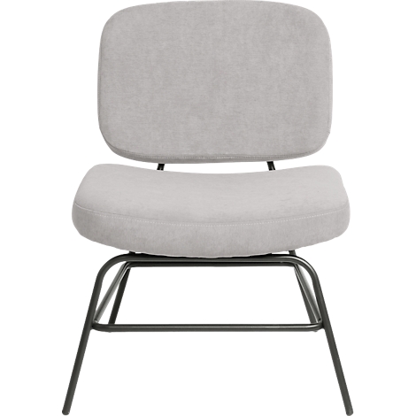 Grauer Sessel mit schwarzen Metallbeinen. Rückenlehne und Sitzfläche sind gepolstert.