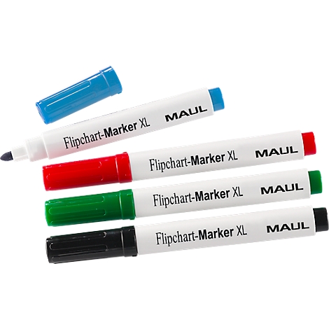 Quatre marqueurs pour paperboard, blancs avec des extrémités colorées. Texte : Flipchart-Marker XL et MAUL. Un bouchon bleu est à côté.