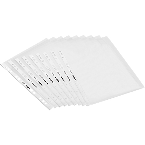 Une série de pochettes de documents transparentes, partiellement avec impression noire. Les chemises sont disposées en légère superposition.