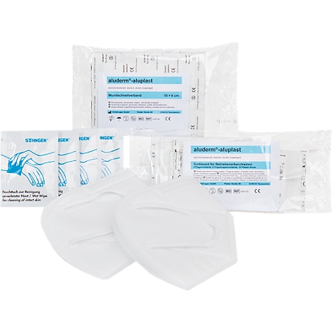 Emballage de pansements, lingettes nettoyantes et masques respiratoires. Étiquette : aluderm-aluplast.