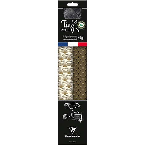 Emballage noir étroit avec deux rouleaux de papier. Texte : 'Tiny Rolls', '80g', produit par Clairefontaine. Motifs : Or et marron.