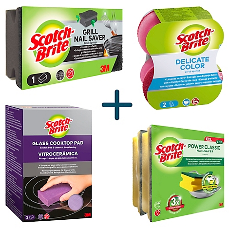 Diverses éponges de nettoyage Scotch-Brite avec les inscriptions : Grill Nail Saver, Delicate Color, Glass Cooktop Pad et Power Classic Nail Saver.