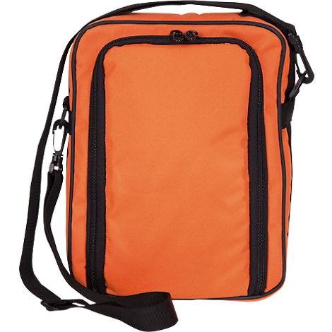 Sac messager orange avec fermeture éclair et sangle noires. La sangle est réglable et peut être portée comme sac à bandoulière ou sac à bandoulière.