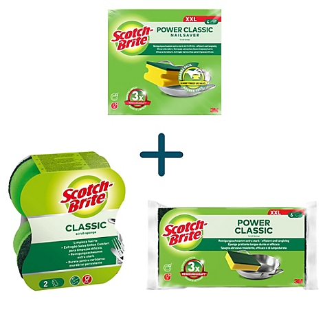 Trois éponges Scotch-Brite différentes. Deux paquets sont présentés, un avec 2 éponges classiques et un avec 3 éponges power classic.