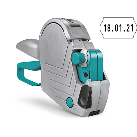 Appareil d'étiquetage de prix gris-turquoise, date à droite 18.01.21.