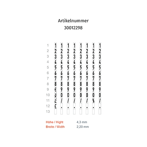 Extrait de tableau avec des chiffres noirs et des caractères spéciaux pour le marquage. Numéro d'article 30012298. Informations de taille en mm.