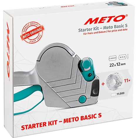 Un emballage avec un marqueur de prix Meto Basic S et des étiquettes. Inscription : Kit de démarrage.