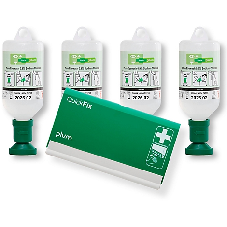 Quatre flacons de lavage oculaire et une boîte QuickFix verte. Flacons avec étiquette et base verte, boîte avec logo et croix.