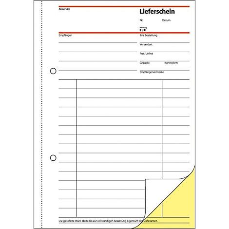 Formulaire de livraison blanc avec en-tête rouge. Champs de texte pour l'expéditeur, le destinataire et la liste des marchandises. Coin jaune.