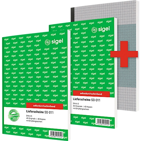 Deux blocs verts avec écriture blanche, symbole plus rouge, à côté d'une feuille à carreaux, marque : sigel.