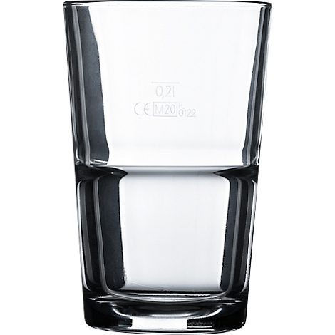 Un verre transparent, à moitié rempli d'eau. Il y a une indication de 0,2 l sur le devant.