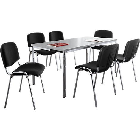 Table de conférence avec six chaises noires. Un cahier rouge et un stylo reposent sur la table.