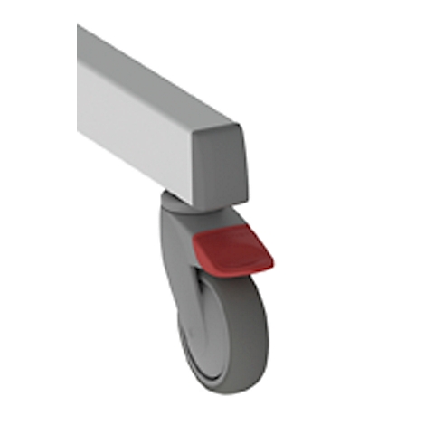 Close-up of a furniture wheel, gray with a red brake lever.