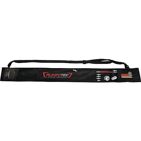 Zwarte tas met schouderband. Opschrift "RUNPOTEC". Verschillende gereedschappen en accessoires zichtbaar.