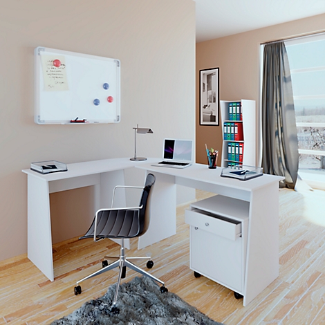 White corner desk with chair, laptop, and whiteboard. The room appears bright and minimalist.