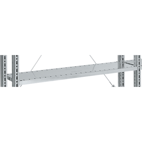 Metal shelf part hanging at an angle, with holes in the surface.