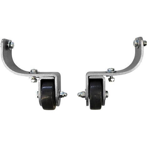 Two gray metal brackets, each with a black roller, screwed with nuts and bolts.