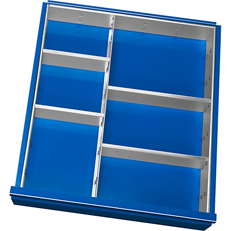 Blue drawer with silver dividers. The drawer has a surrounding edge.