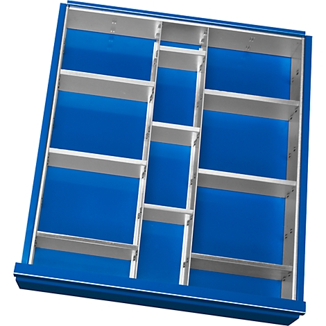 Blue, rectangular construction with silver struts forming compartments.