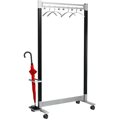 Clothes stand with seven hangers, red umbrella and castors. On black and silver frame.