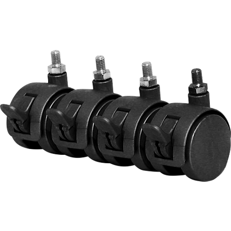 Four black furniture castors in a row, with threaded spindles and locking levers.