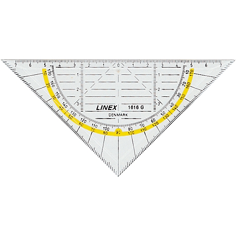 Transparent yellow highlighted protractor. Scales, angle markings and the words 'LINEX'.
