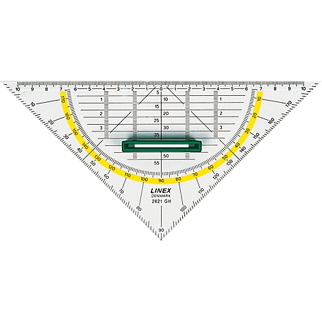 Transparent protractor with yellow angles and green holder, printed LINE X DENMARK 2621 QH.