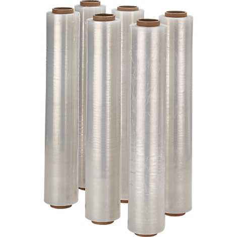Seven rolls of transparent stretch film with brown cores, stand side by side on a white background.