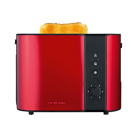 Roter Severin Toaster mit einer golden gebräunten Brotscheibe vor weißem Hintergrund.
