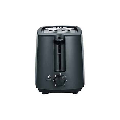 Schwarzer Toaster in Frontalansicht mit Bräunungsregler und Hebel auf weißem Hintergrund.
