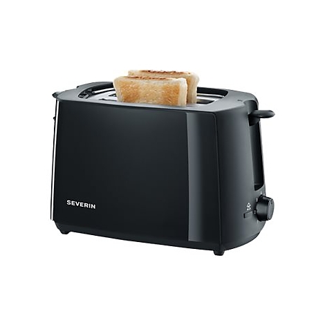 Schwarzer Severin Toaster mit zwei gebräunten Brotscheiben vor weißem Hintergrund.