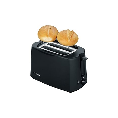 Schwarzer Severin-Toaster mit Brötchenaufsatz und zwei goldbraunen Brötchen vor weißem Hintergrund.