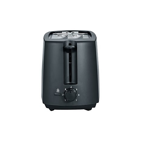 Schwarzer Toaster in moderner Form mit Drehregler für die Bräunungsstufen auf weißem Hintergrund.