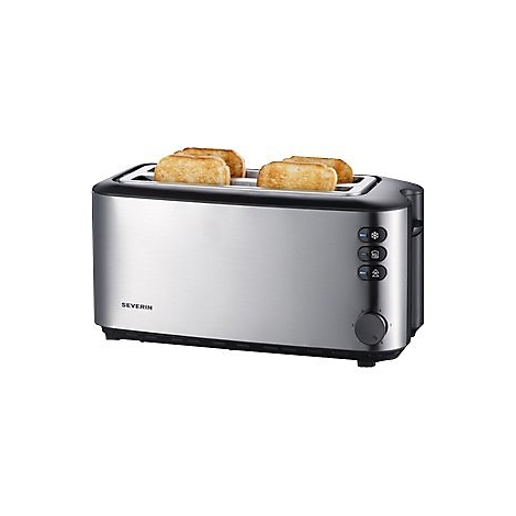Edelstahl-Langschlitztoaster von SEVERIN mit zwei goldbraun getoasteten Brotscheiben vor weißem Hintergrund.