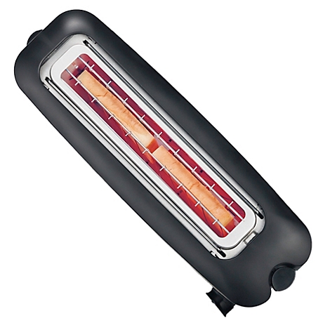 Black toaster with two slices of bread inside. The roasting compartment glows red.