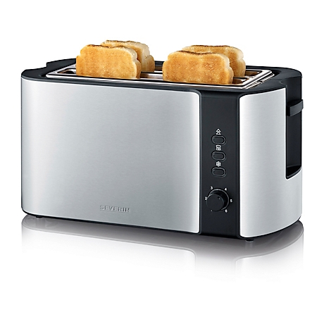 A silver toaster with four slices of toast. On the side are controls and a rotary knob.