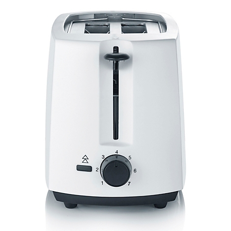 White toaster with a knob and ejection lever on the front. The toaster has two slots and stands on a black base.