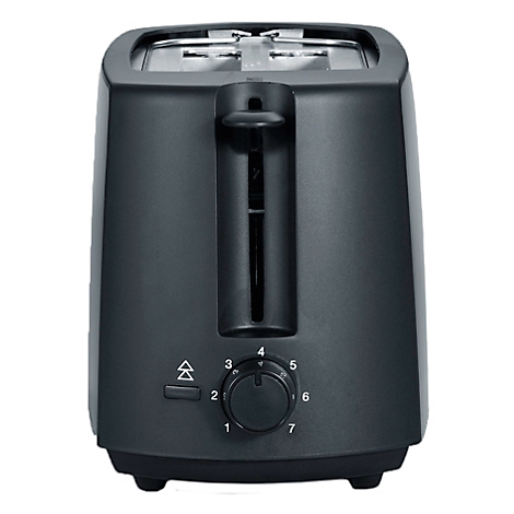 Black toaster, front view. Two slots, rotary knob with numbers from 1-7, button.