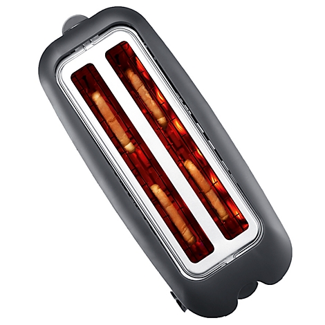 Draufsicht eines schwarzen Toasters mit zwei Schlitzen, die das Innere des Röstvorgangs zeigen.