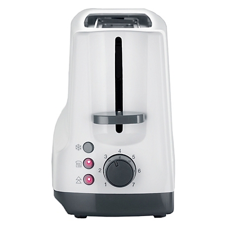 Weisser Toaster, graue Bedienelemente, Drehregler für Bräunungsstufen. Rote Kontrollleuchten.
